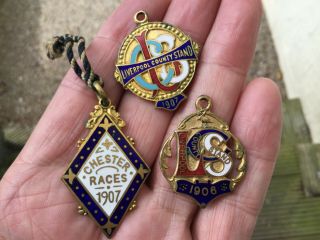 3 X Antique Enamel Horse Racing Member Badges 1906 & 1907 Chester & Liverpool