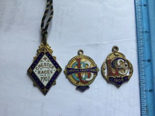 3 x Antique Enamel Horse Racing Member Badges 1906 & 1907 Chester & Liverpool 6