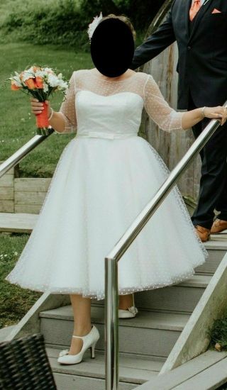 Vintage 1950s Polka Dot 3/4 Sleeves Wedding Dress Tea Length A Line Bridal Gown