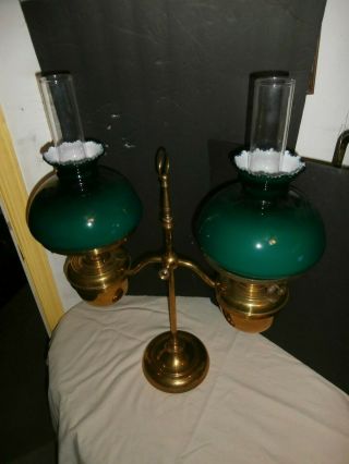 Vintage Brass Double Burner Students Oil Lamp Green Shades John Scott England