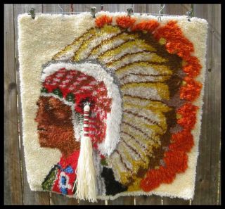 Vintage Mid Century Hook Rug Of A Native American Indian Chief,  Hanging Wall Art