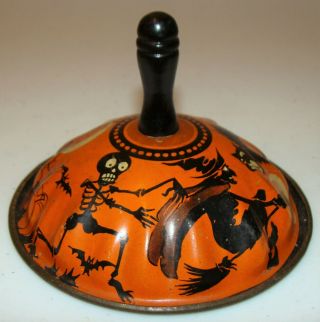 Vntg 1920s - 50s Litho Tin Wood Handle Halloween Bell Noisemaker Witch Black Cat,