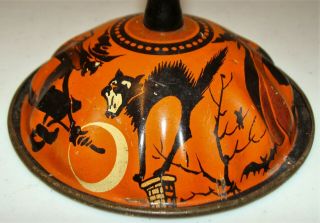 VNTG 1920s - 50s LITHO TIN WOOD HANDLE HALLOWEEN BELL NOISEMAKER WITCH BLACK CAT, 2