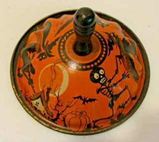 VNTG 1920s - 50s LITHO TIN WOOD HANDLE HALLOWEEN BELL NOISEMAKER WITCH BLACK CAT, 7