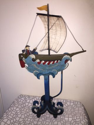 Vintage Hand Made Folk Art Metal Pendulum Balance Sailor In Boat Decor