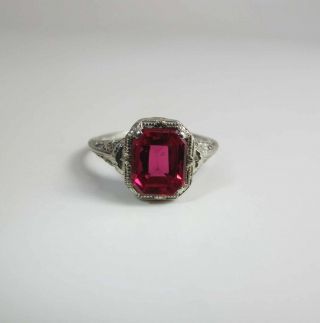 Vintage Art Deco Era 14k White Gold Created 2.  34 Carat Emerald Cut Ruby Ring