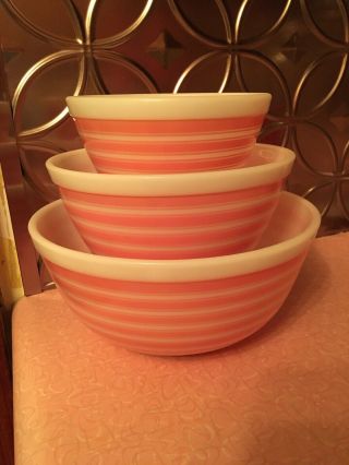 Htf Vintage Pyrex Pink Stripes Mixing Bowl Set Excelent 3 Pc Set