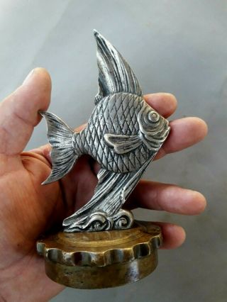 Vintage Rare Car Mascot Hood Ornament Radiator Cap Fish Bronze Silverplated