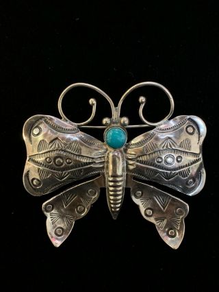 Vintage Native American Sterling Silver & Turquoise Butterfly Brooch W/engraving