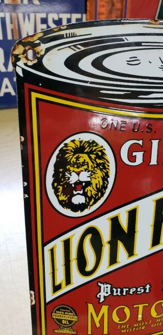 GILMORE LION HEAD motor oil porcelain sign OIL CAN SHAPE vintage brand lubster 4