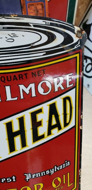 GILMORE LION HEAD motor oil porcelain sign OIL CAN SHAPE vintage brand lubster 5