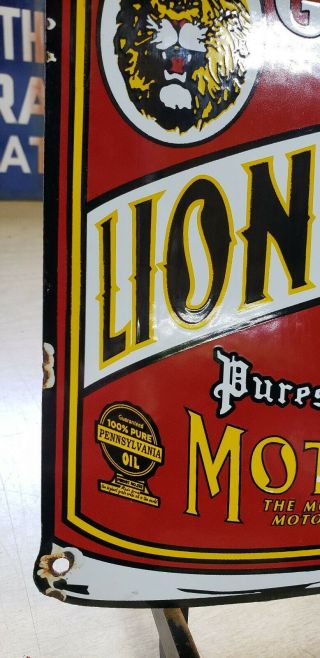 GILMORE LION HEAD motor oil porcelain sign OIL CAN SHAPE vintage brand lubster 6