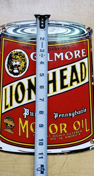 GILMORE LION HEAD motor oil porcelain sign OIL CAN SHAPE vintage brand lubster 8