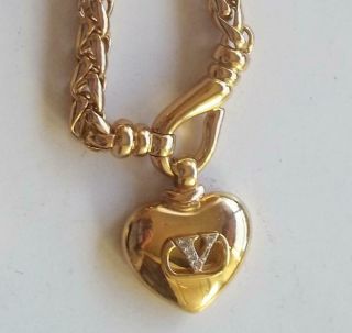 Valentino Vintage Necklace Golden Heart Pave Ice Rhinestone V Haute Couture