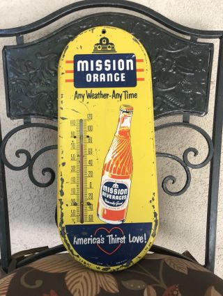 Vintage Mission Orange Soda Pop Drink Metal Thermometer Advertising Sign -