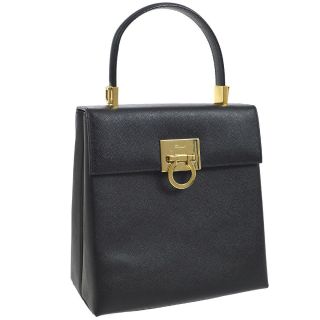 Auth Salvatore Ferragamo Gancini Hand Bag Black Leather Italy Vintage O02224