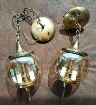 Set Of 2 Mid Century Modern 7 " Glass Globe Brass Vintage Pendant Lights