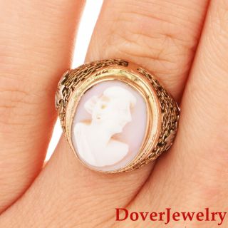 Vintage Cameo Pink Coral 10k Yellow Gold Victorian Lady Face Ring Nr