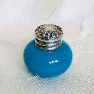 Antique Miniature Blue Opaline Perfume Scent Bottle Silver Lid Circa 1880