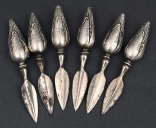 6 Vintage Sterling Silver Corn On Cob Picks Holders Figural Ear Of Corn,  Nr
