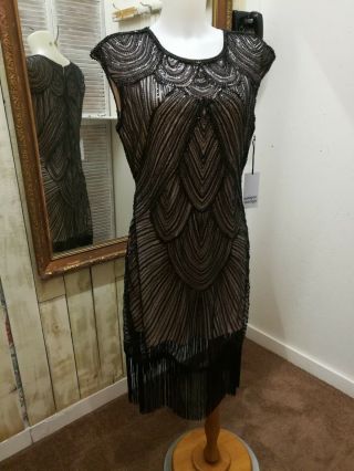 Retro Unique Vintage Deco Roaring 20s Black Silver Flapper Fringe Dress Large