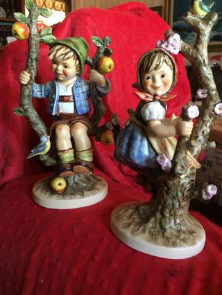 Vintage M.  J.  Hummel 10 " Apple Tree Girl And Boy 141/v And 142/v Figurines