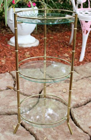 Vtg Plant Stand Mid - Century 3 Tier Glass Metal Bamboo Hollywood Regency Style