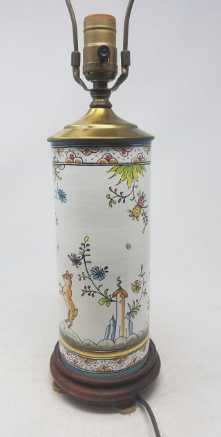 Vintage Porcelain Lamp Hand Painted Vase Wood Base Flowers Birds Dog Antique