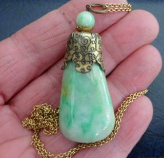 Vintage Jewellery Early Polished Jade Gilt Pendant On 18ct Gold Chain Necklace