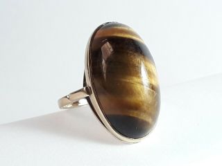 Large Vintage 9ct Gold & Tigers Eye Agate Ring Size Q.  8.  3 Grams.