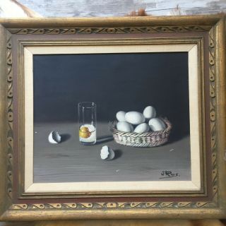 Vintage Oil Painting Still Life Egg Basket Kitchen Scene Signed J.  Ros