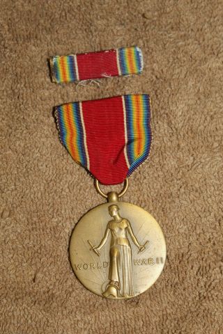 Ww2 U.  S.  Military Victory Medal W/full Ribbon & Ribbon Bar