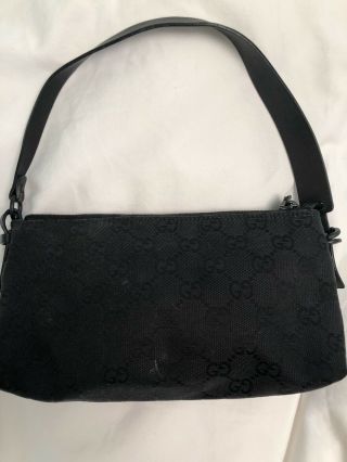 Authentic Vintage Gucci " Gg " Small Black Canvas Shoulder Cosmetic Makeup Bag