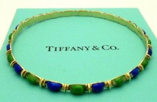 Rare Vintage Tiffany & Co.  14k Yellow Gold Green Blue Enamel Bangle Bracelet