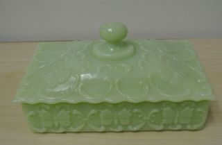 Vintage Fenton Green Satin Custard Frango Candy Dish Made for Marshall Fields 2