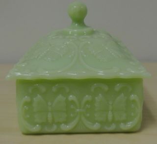 Vintage Fenton Green Satin Custard Frango Candy Dish Made for Marshall Fields 4