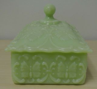 Vintage Fenton Green Satin Custard Frango Candy Dish Made for Marshall Fields 6