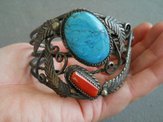 Vintage Native American Turquoise Coral Sterling Silver Cuff Bracelet Otten