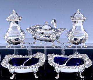 Top Quality Antique Silver Plate Lion Head Figural 7pc Salt Cellar Condiment Set