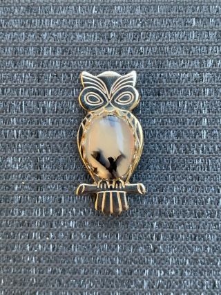 Vintage Owl Jelly Belly Moss Agate Cabochon Pin Silver Tone Brooch