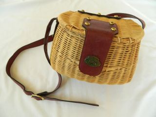 Vtg Etienne Aigner Wicker Creel Fishing Basket With Leather Satchel Purse Euc