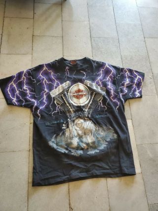Vtg Harley Davidson Thunder And Lightning All Over Print Shirt Xl