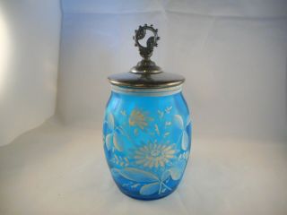 Vintage Or Antique Blue Satin Glass Pickle Castor Or Jar & Lid,  White Flowers