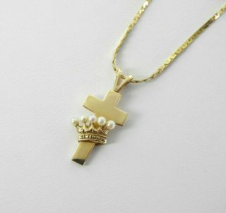 Vintage Antique Solid 14k Yellow Gold Seed Pearl Crown Cross Pendant Necklace 18