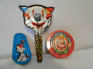 3 Vintage Tin Metal Party Noise Makers,  Clowns & Puppy,  1 U.  S.  Metal Toy Mfg Co.