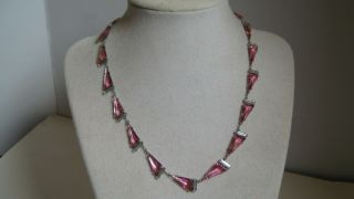 Vintage Art Deco 1930s Geometric Pink Step Glass Open Back Necklace Platinon