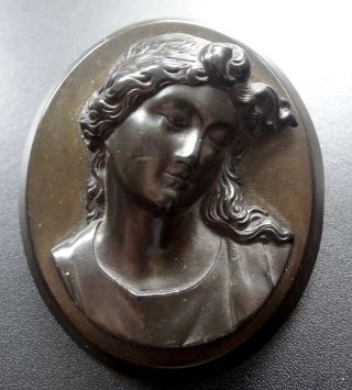 Antique Victorian Vulcanite High Relief Cameo Lady Mourning Brooch C Pin - A220