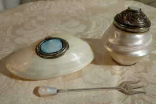 Antique Solid Silver Mother Of Pearl Trinket Box,  Pot,  Pickle Fork Hallmark Viners