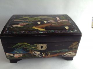 Vintage Japanese Hand Painted Musical Jewellery Box With Mother Of Pearl