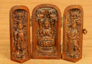 Antiques Old Boxwood Hand Carved Guanyin Buddha Statue Figure Box Collectable